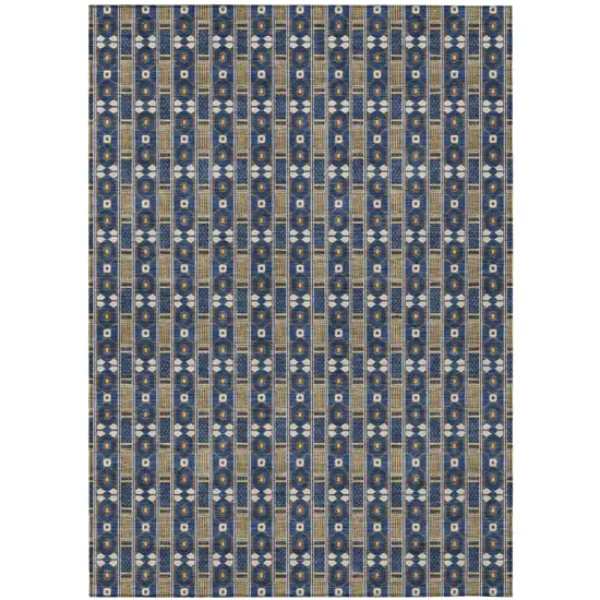 Navy Blue And Blue Striped Washable Indoor Outdoor Area Rug Photo 2