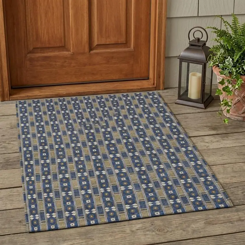 Navy Blue And Blue Striped Washable Indoor Outdoor Area Rug Photo 1