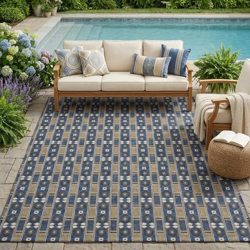 Navy Blue And Blue Striped Washable Indoor Outdoor Area Rug Photo 1