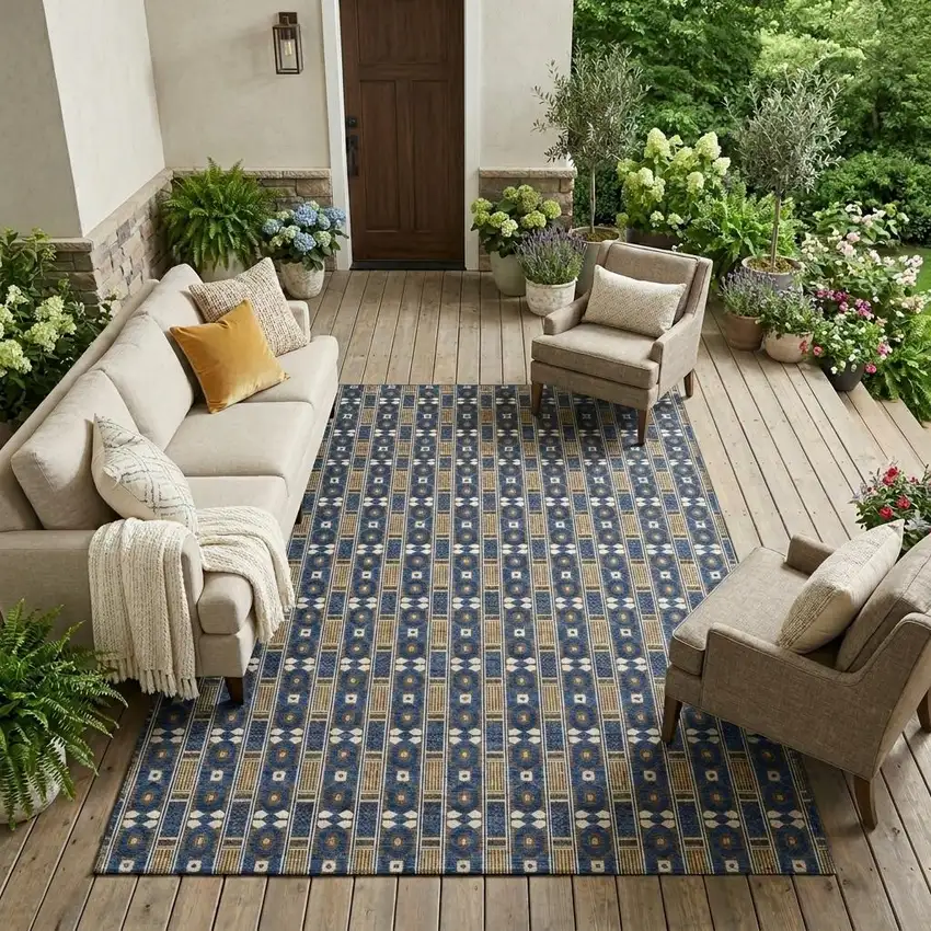Navy Blue And Blue Striped Washable Indoor Outdoor Area Rug Photo 1