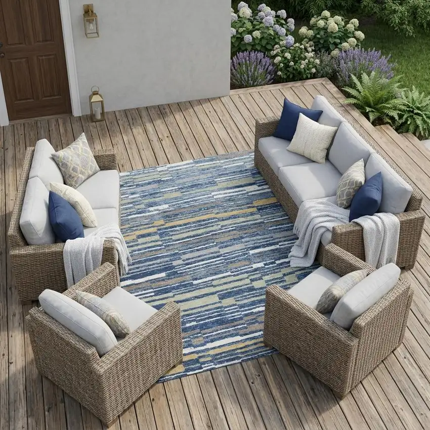Navy Blue And Blue Striped Washable Indoor Outdoor Area Rug Photo 1