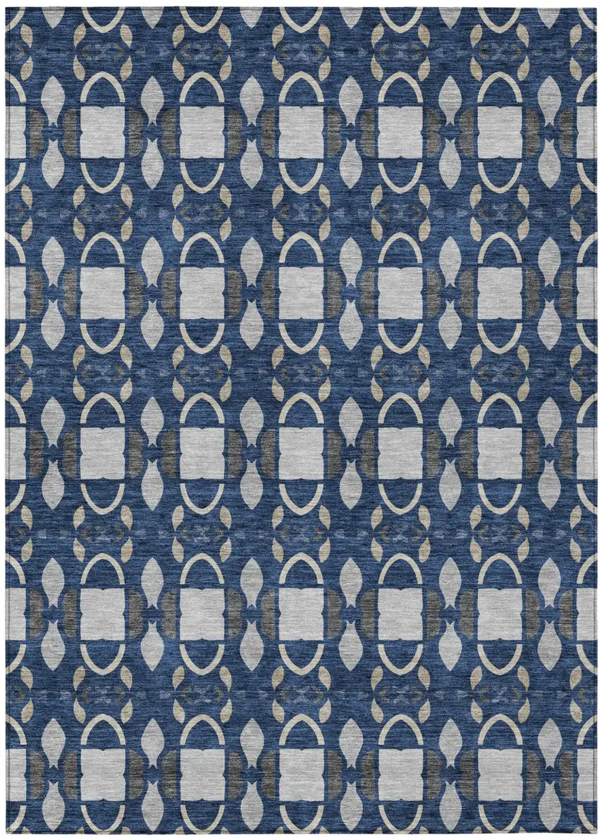 Navy Blue And Blue Striped Washable Indoor Outdoor Area Rug Photo 2