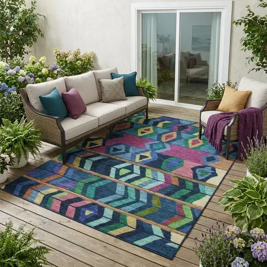Navy Blue And Blue Tribal Washable Indoor Outdoor Area Rug Photo 1