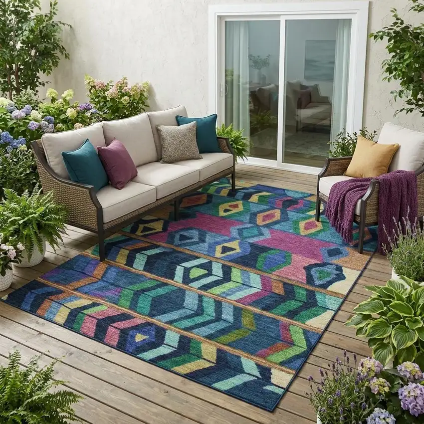 Navy Blue And Blue Tribal Washable Indoor Outdoor Area Rug Photo 1