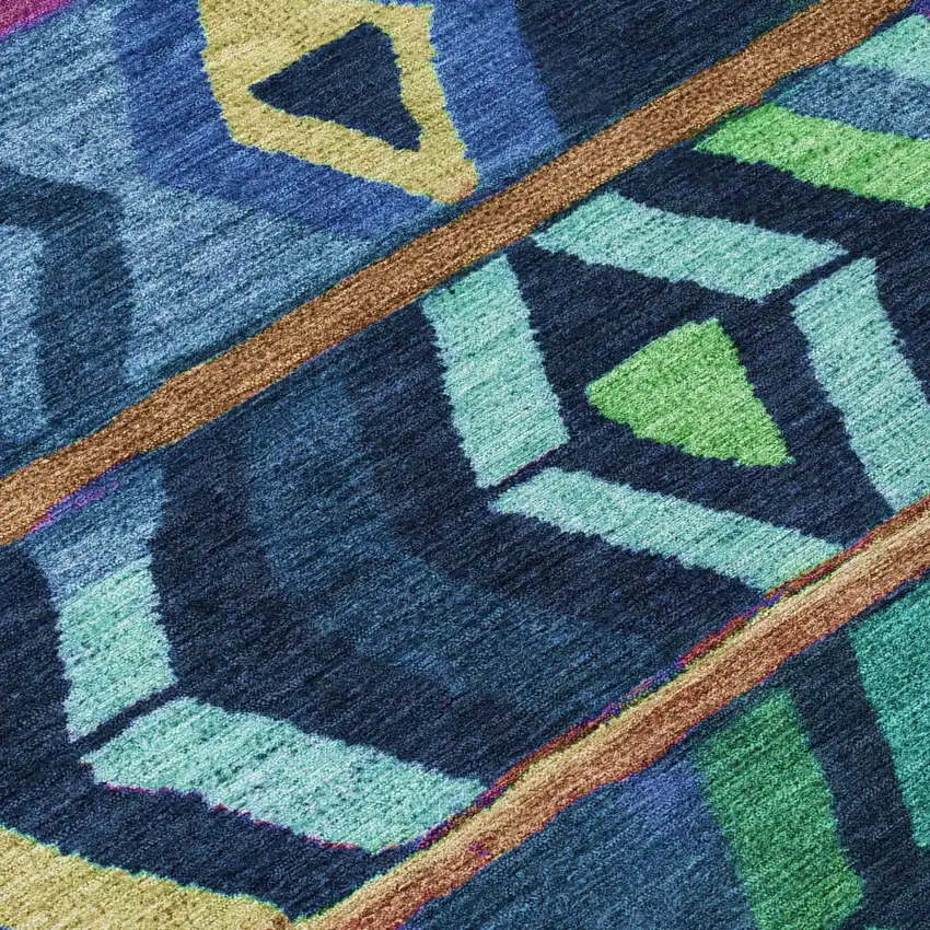 Navy Blue And Blue Tribal Washable Indoor Outdoor Area Rug Photo 6