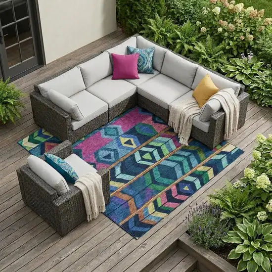 Navy Blue And Blue Tribal Washable Indoor Outdoor Area Rug Photo 1