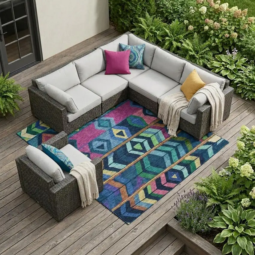 Navy Blue And Blue Tribal Washable Indoor Outdoor Area Rug Photo 1