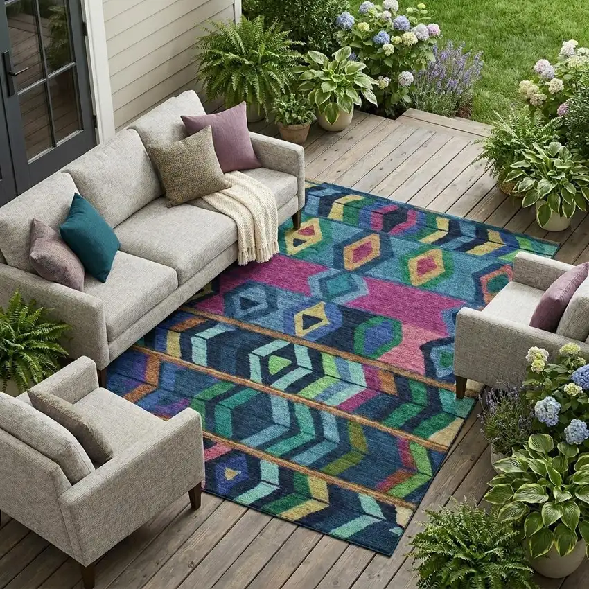Navy Blue And Blue Tribal Washable Indoor Outdoor Area Rug Photo 1