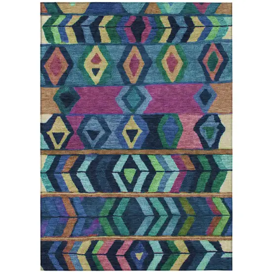 Navy Blue And Blue Tribal Washable Indoor Outdoor Area Rug Photo 2