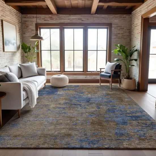 Navy Blue And Brown Abstract Washable Area Rug With UV Protection Photo 4