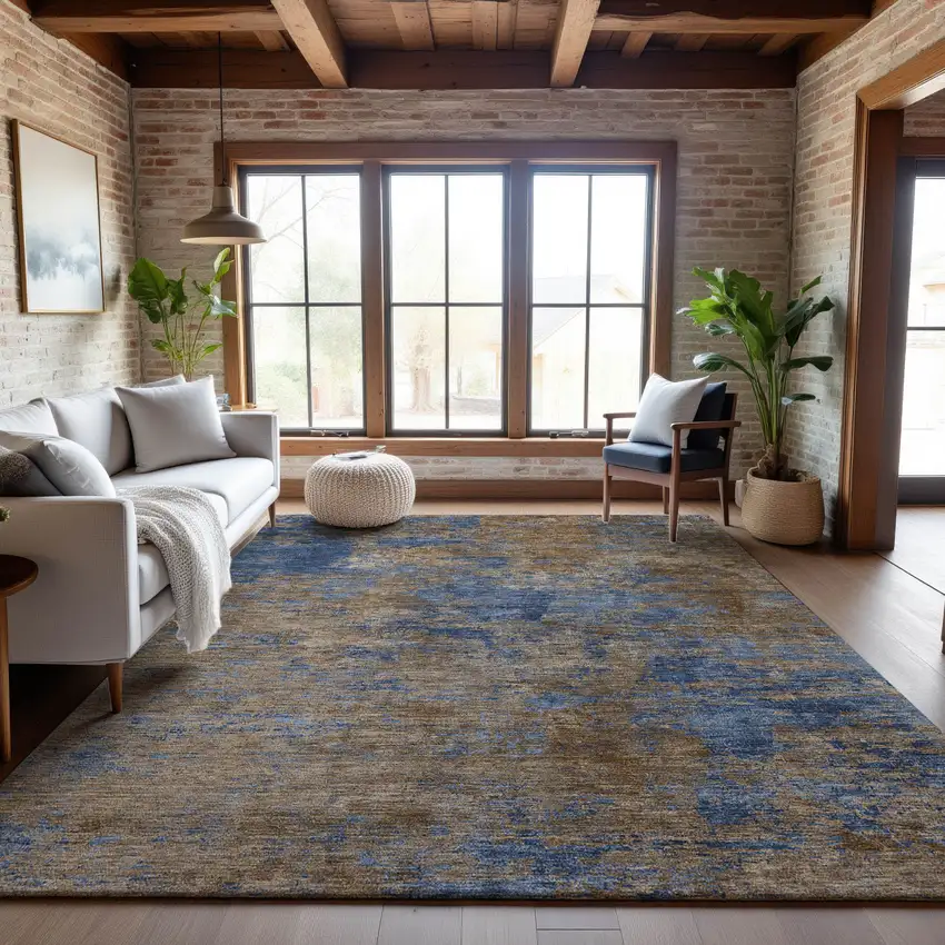 Navy Blue And Brown Abstract Washable Area Rug With UV Protection Photo 4