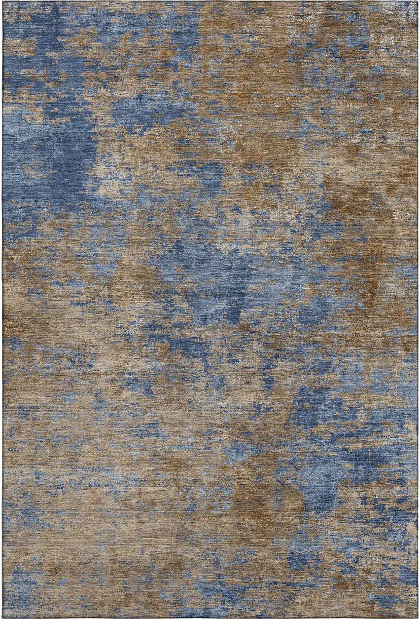 Navy Blue And Brown Abstract Washable Area Rug With UV Protection Photo 6