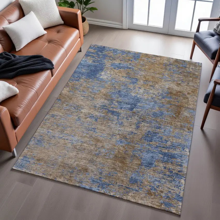 Navy Blue And Brown Abstract Washable Area Rug With UV Protection Photo 5