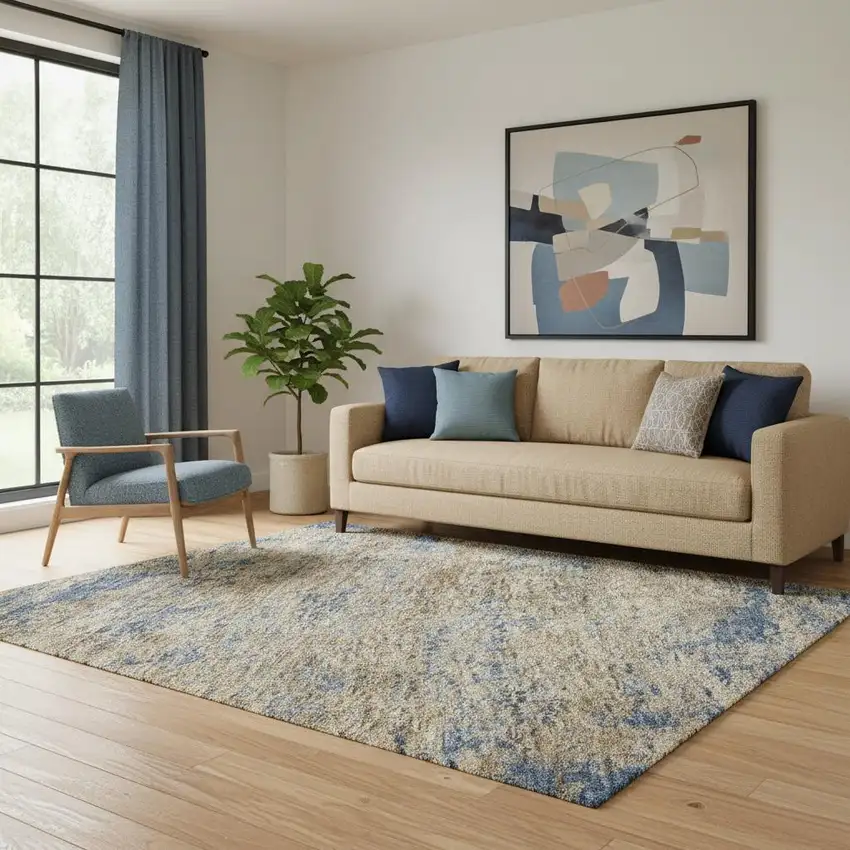 Navy Blue And Brown Abstract Washable Area Rug With UV Protection Photo 2