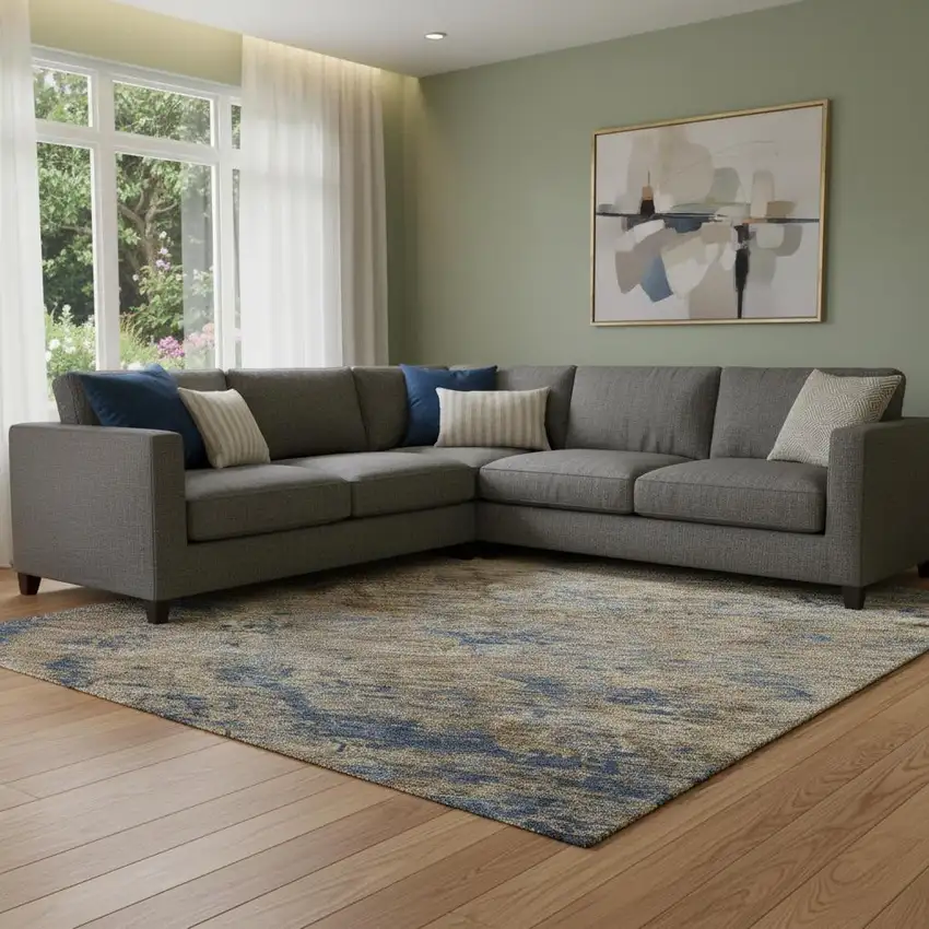 Navy Blue And Brown Abstract Washable Area Rug With UV Protection Photo 2