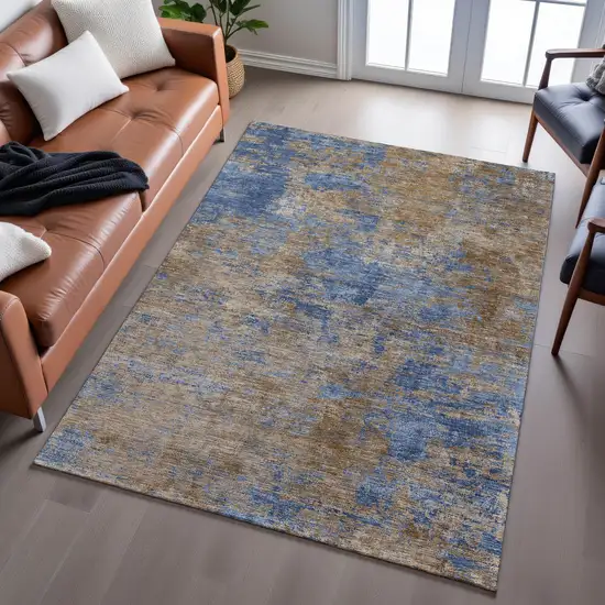 Navy Blue And Brown Abstract Washable Area Rug With UV Protection Photo 4