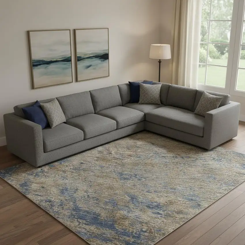 Navy Blue And Brown Abstract Washable Area Rug With UV Protection Photo 1