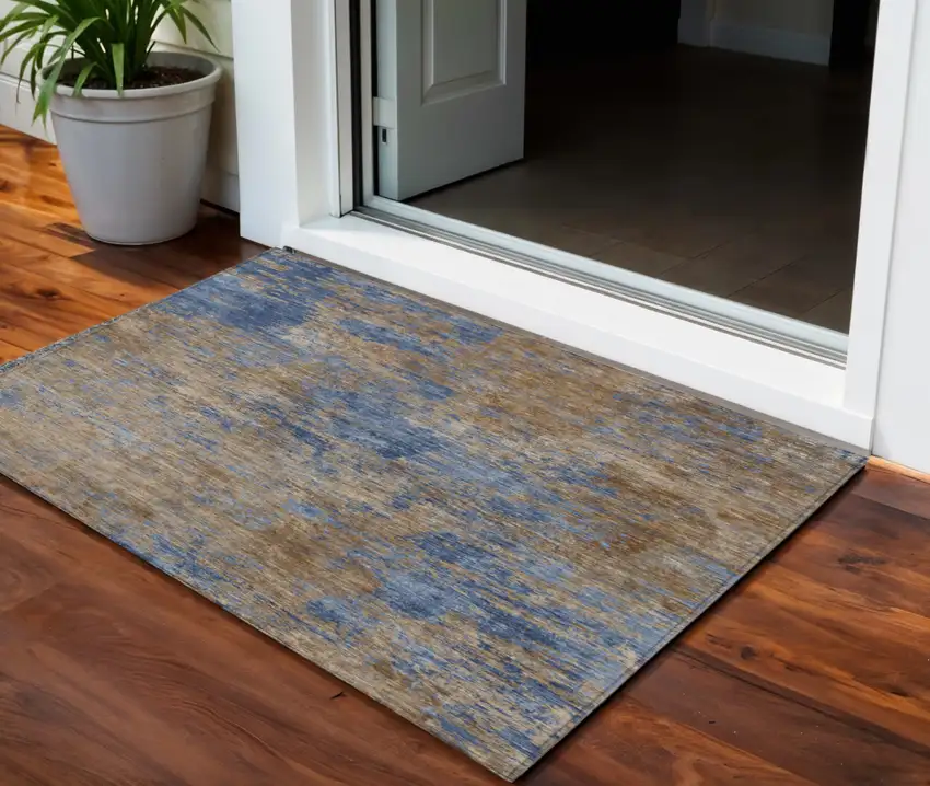 Navy Blue And Brown Abstract Washable Indoor Outdoor Area Rug Photo 1