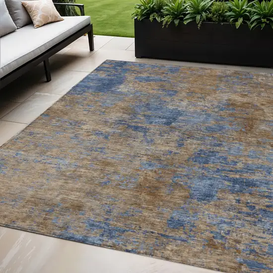 Navy Blue And Brown Abstract Washable Indoor Outdoor Area Rug Photo 1
