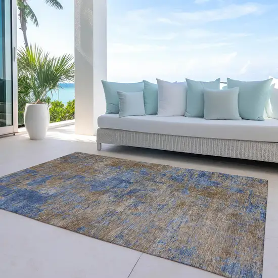 Navy Blue And Brown Abstract Washable Indoor Outdoor Area Rug Photo 7