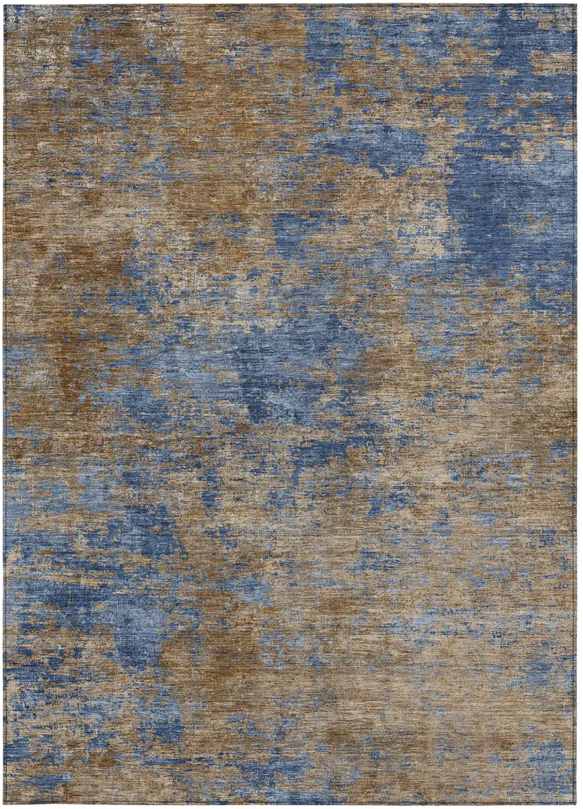 Navy Blue And Brown Abstract Washable Indoor Outdoor Area Rug Photo 6