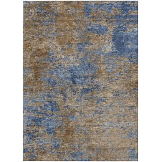 Navy Blue And Brown Abstract Washable Indoor Outdoor Area Rug Photo 6