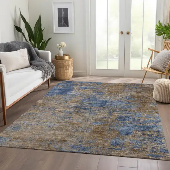 Navy Blue And Brown Abstract Washable Indoor Outdoor Area Rug Photo 9