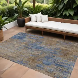 Photo of Navy Blue And Brown Abstract Washable Indoor Outdoor Area Rug