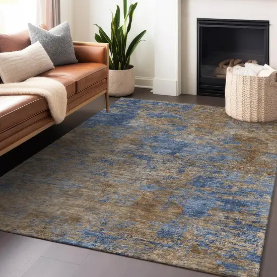 Navy Blue And Brown Abstract Washable Indoor Outdoor Area Rug Photo 8