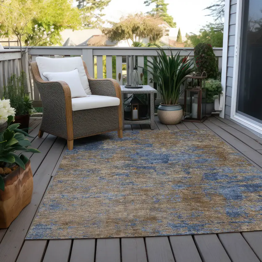 Navy Blue And Brown Abstract Washable Indoor Outdoor Area Rug Photo 9