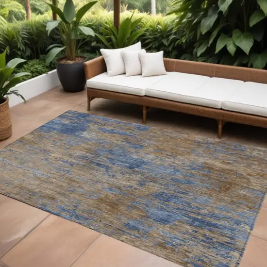 Navy Blue And Brown Abstract Washable Indoor Outdoor Area Rug Photo 1