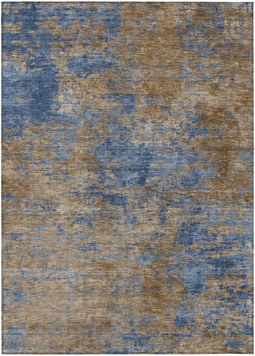 Navy Blue And Brown Abstract Washable Indoor Outdoor Area Rug Photo 2