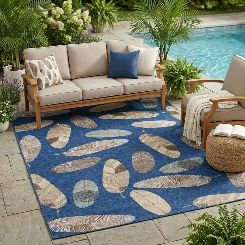 Navy Blue And Brown Botanical Leaves Washable Indoor Outdoor Area Rug Photo 1