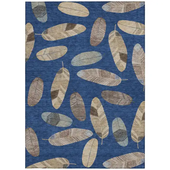Navy Blue And Brown Botanical Leaves Washable Indoor Outdoor Area Rug Photo 4