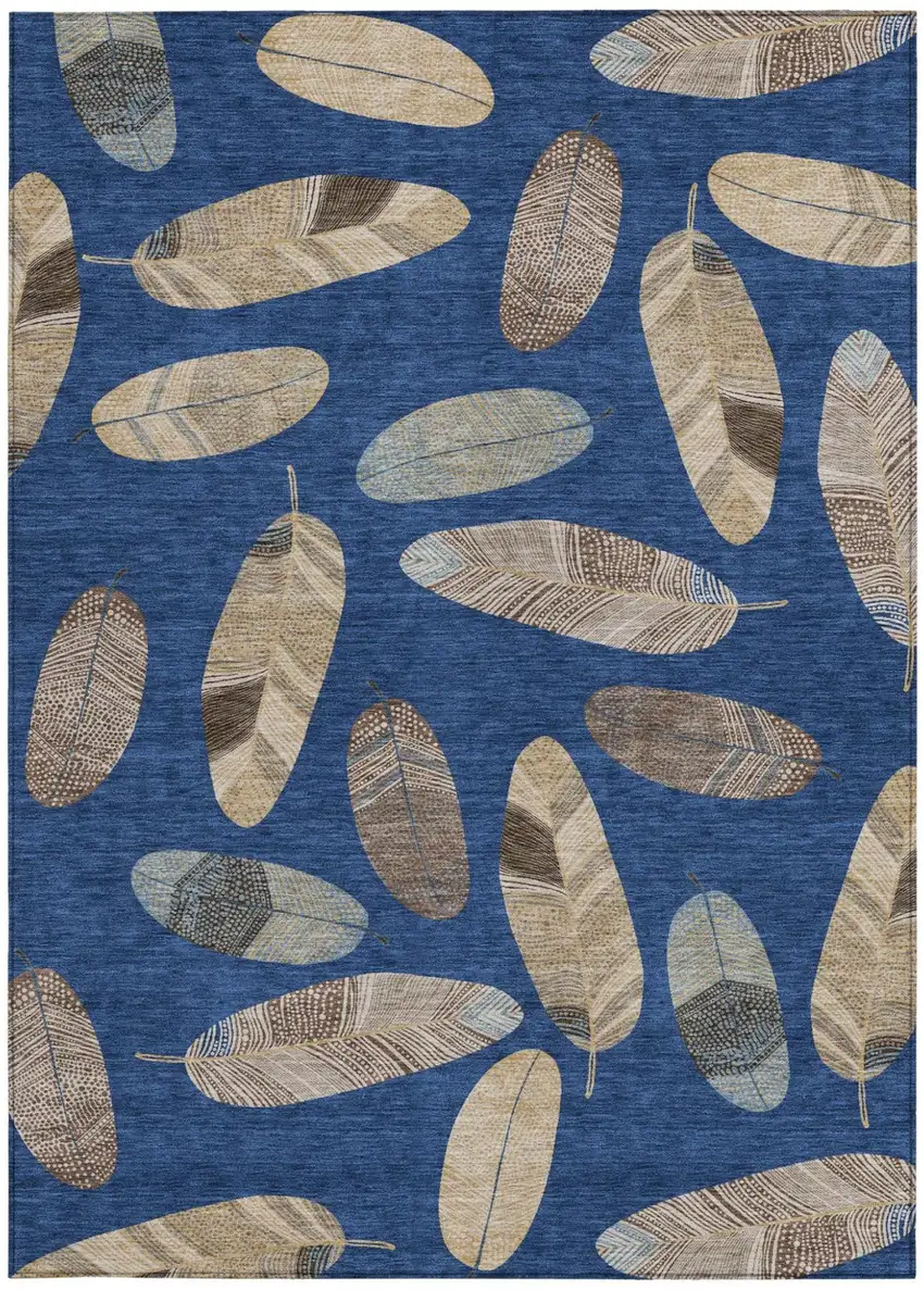 Navy Blue And Brown Botanical Leaves Washable Indoor Outdoor Area Rug Photo 4