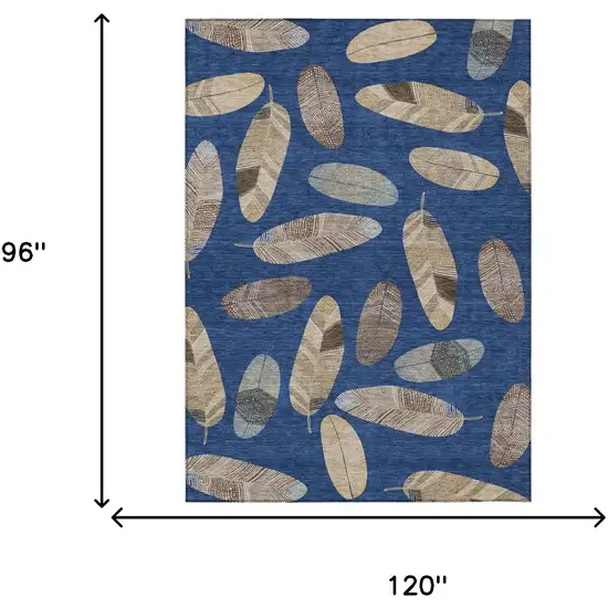 Navy Blue And Brown Botanical Leaves Washable Indoor Outdoor Area Rug Photo 9