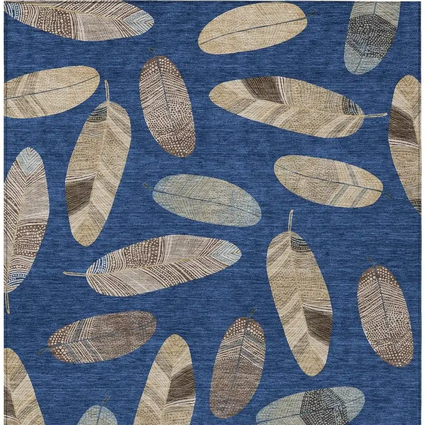Navy Blue And Brown Botanical Leaves Washable Indoor Outdoor Area Rug Photo 6