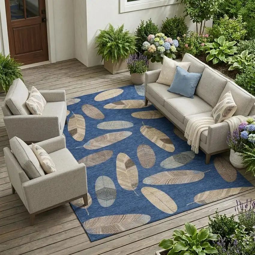 Navy Blue And Brown Botanical Leaves Washable Indoor Outdoor Area Rug Photo 1