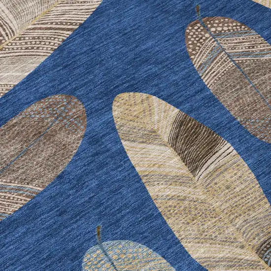Navy Blue And Brown Botanical Leaves Washable Indoor Outdoor Area Rug Photo 8