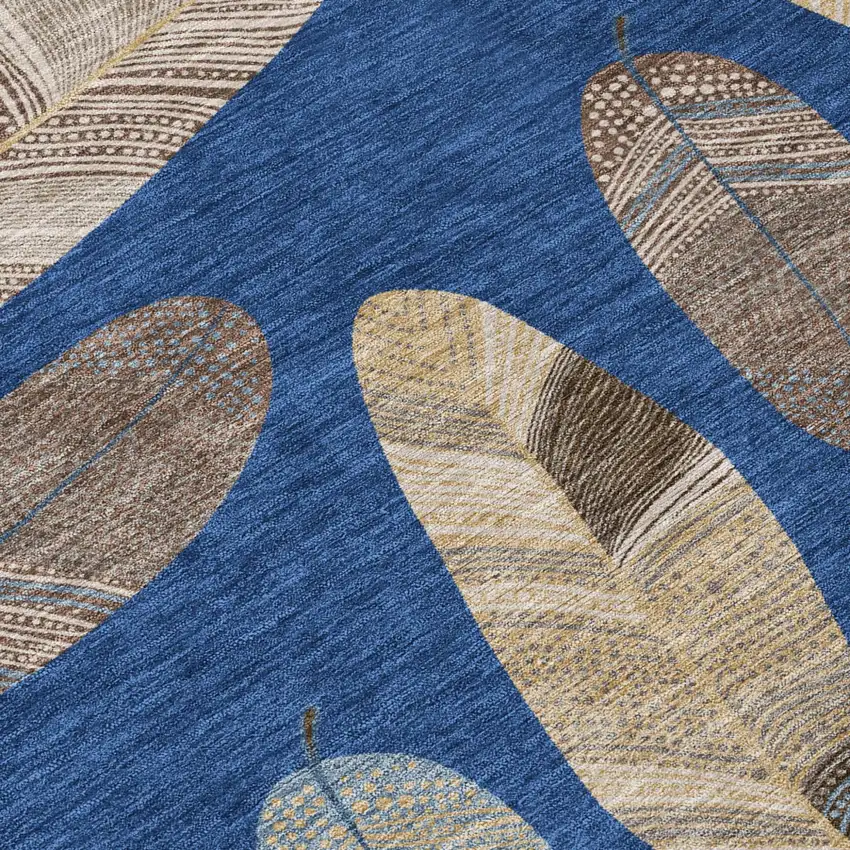 Navy Blue And Brown Botanical Leaves Washable Indoor Outdoor Area Rug Photo 8