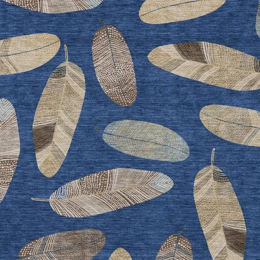 Navy Blue And Brown Botanical Leaves Washable Indoor Outdoor Area Rug Photo 3