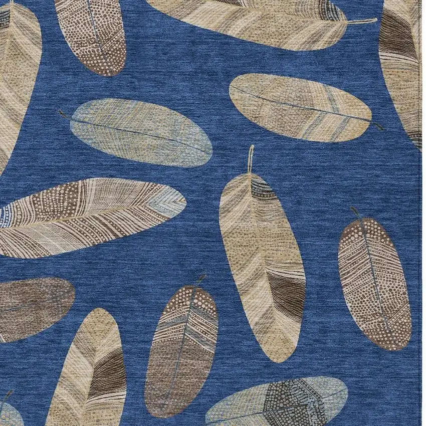 Navy Blue And Brown Botanical Leaves Washable Indoor Outdoor Area Rug Photo 5