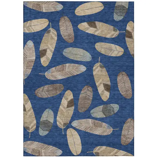 Navy Blue And Brown Botanical Leaves Washable Indoor Outdoor Area Rug Photo 2