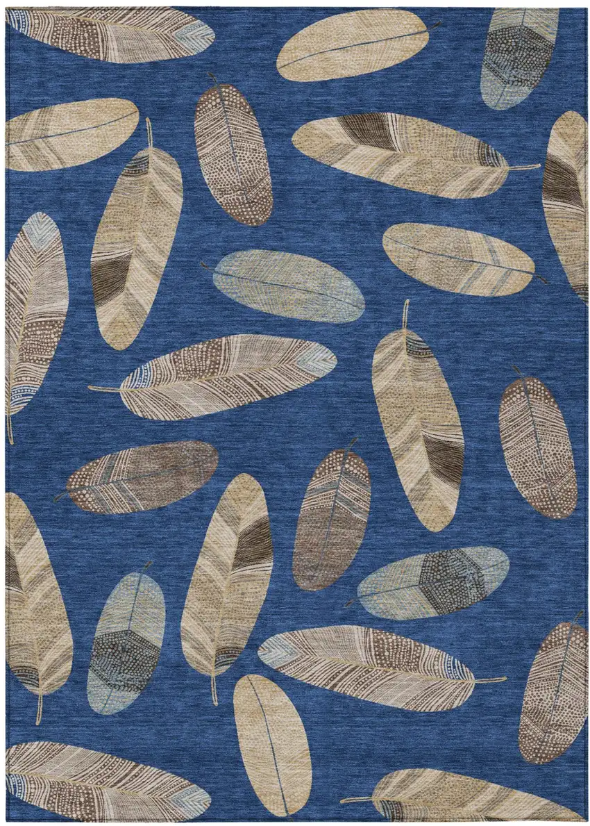 Navy Blue And Brown Botanical Leaves Washable Indoor Outdoor Area Rug Photo 2