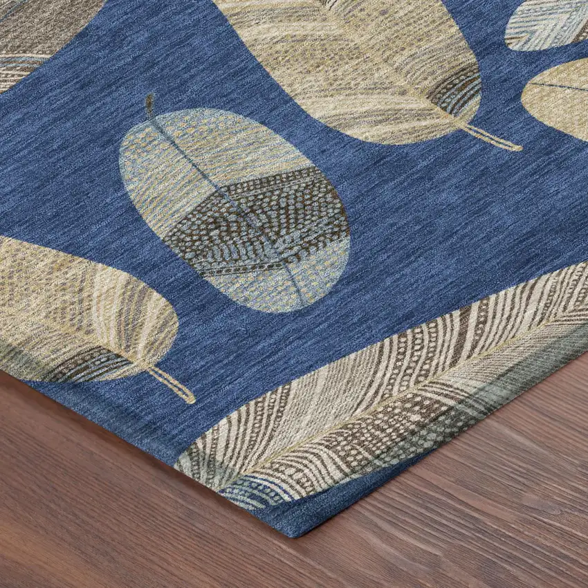 Navy Blue And Brown Botanical Leaves Washable Indoor Outdoor Area Rug Photo 7