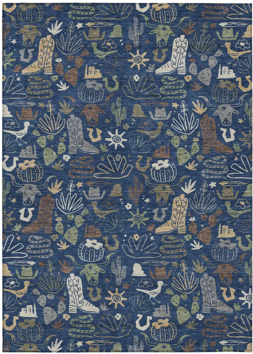 Navy Blue And Brown Cactus Washable Indoor Outdoor Area Rug Photo 2
