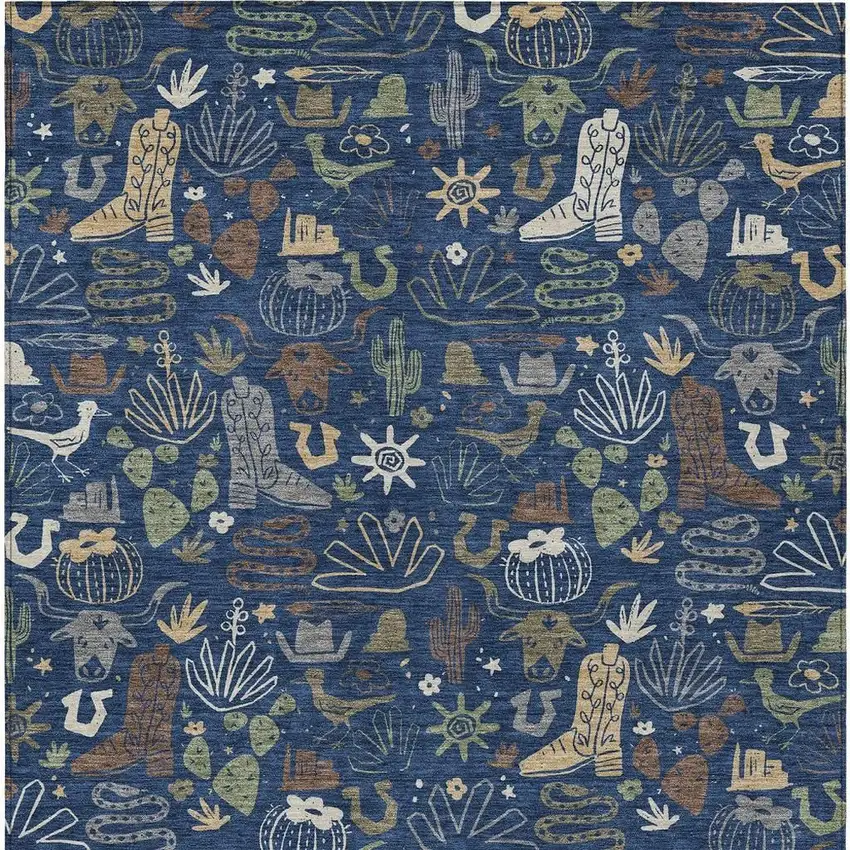 Navy Blue And Brown Cactus Washable Indoor Outdoor Area Rug Photo 4