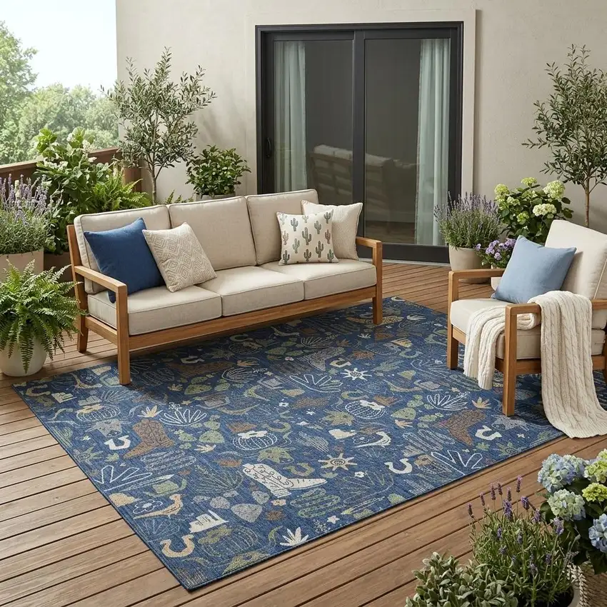 Navy Blue And Brown Cactus Washable Indoor Outdoor Area Rug Photo 1