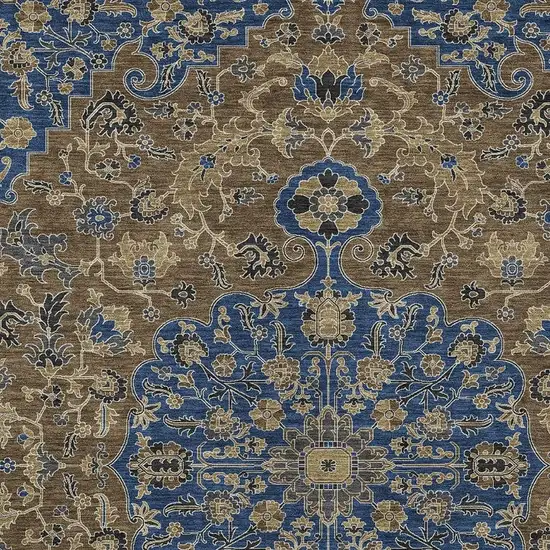 Navy Blue And Brown Floral Medallion Washable Indoor Outdoor Area Rug Photo 2