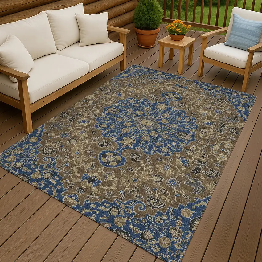 Navy Blue And Brown Floral Medallion Washable Indoor Outdoor Area Rug Photo 4